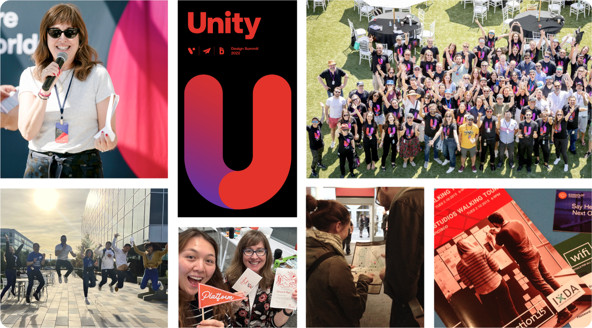 Screenshots and images from Unity, Platform Camp, and Ixda Open Studios