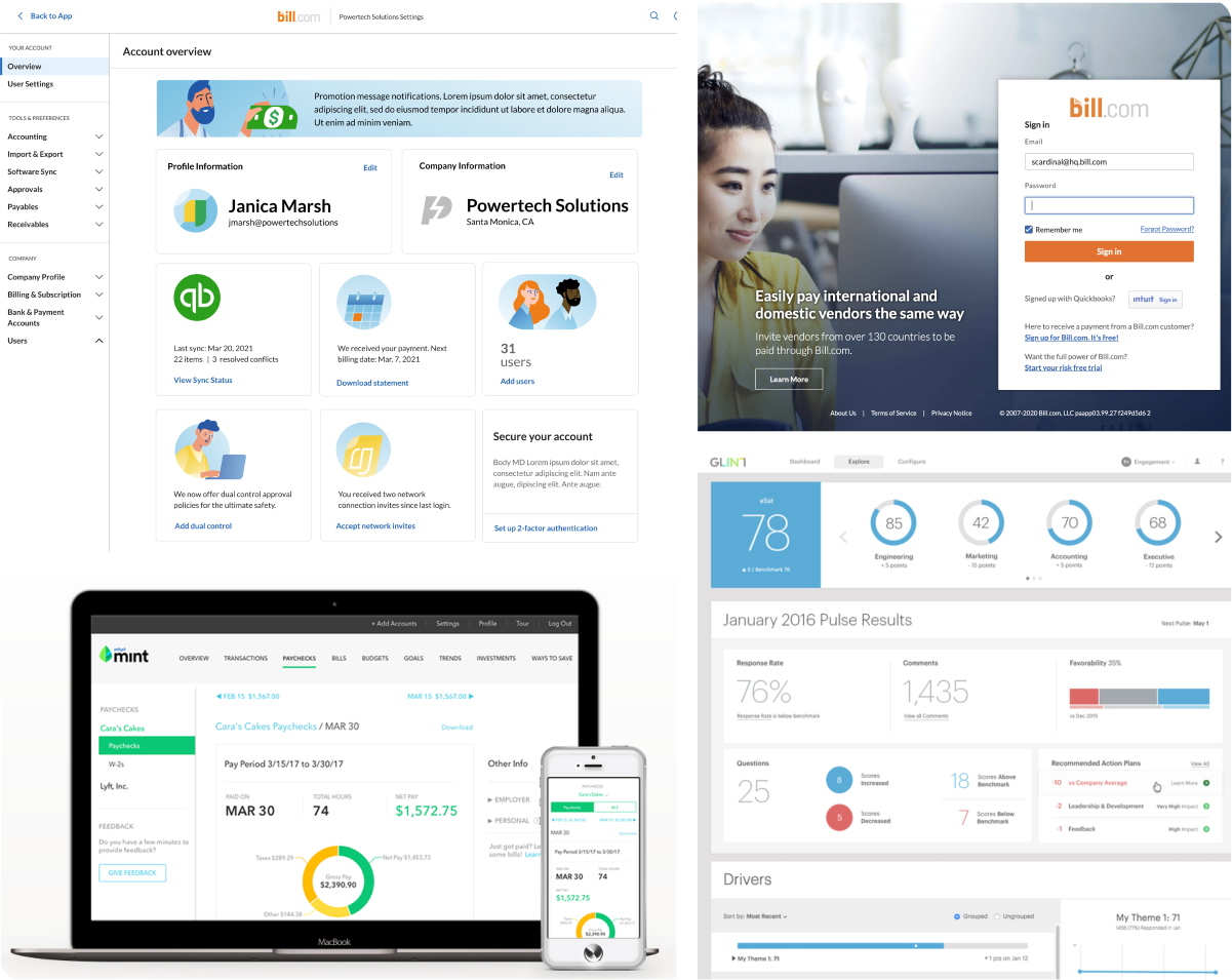 Visual design screenshots from Bill, Glint, and Intuit