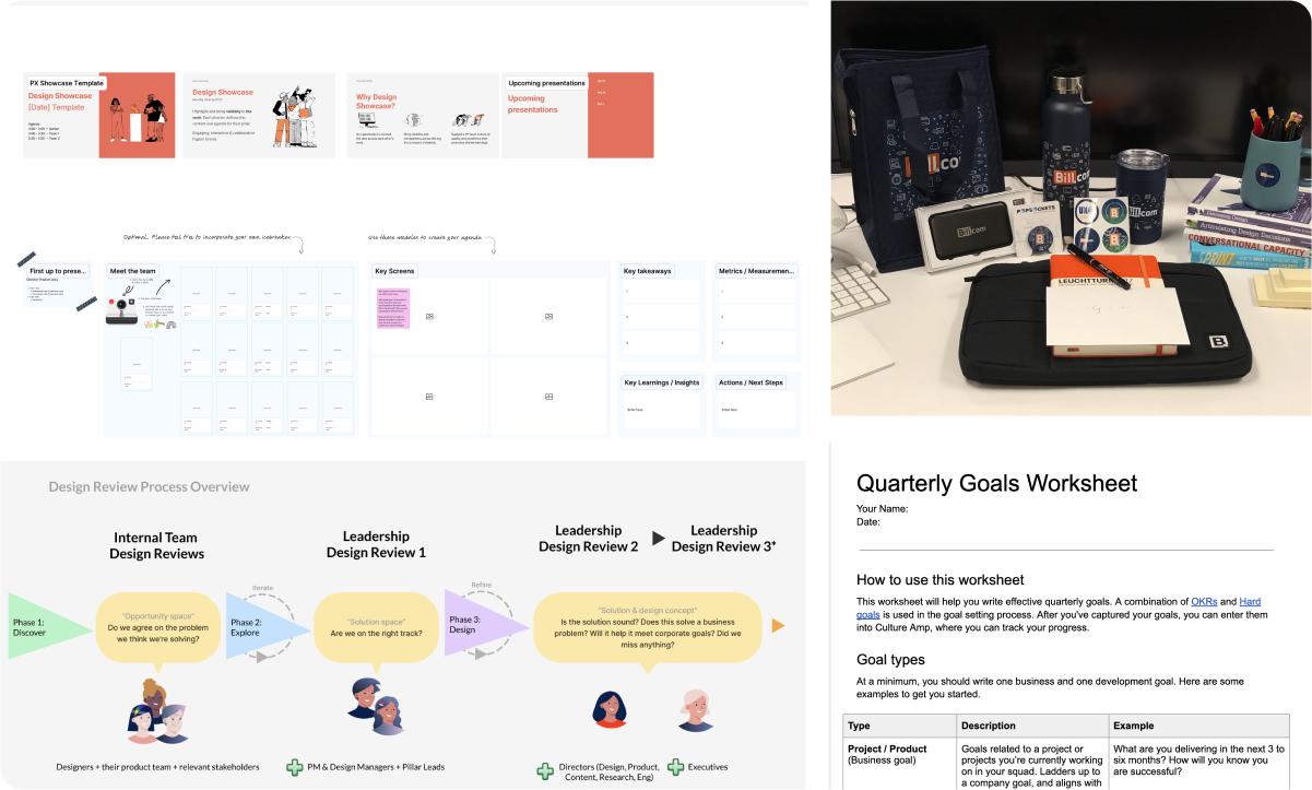 Screenshots of design critique, showcase, goals worksheet, and welcome kit