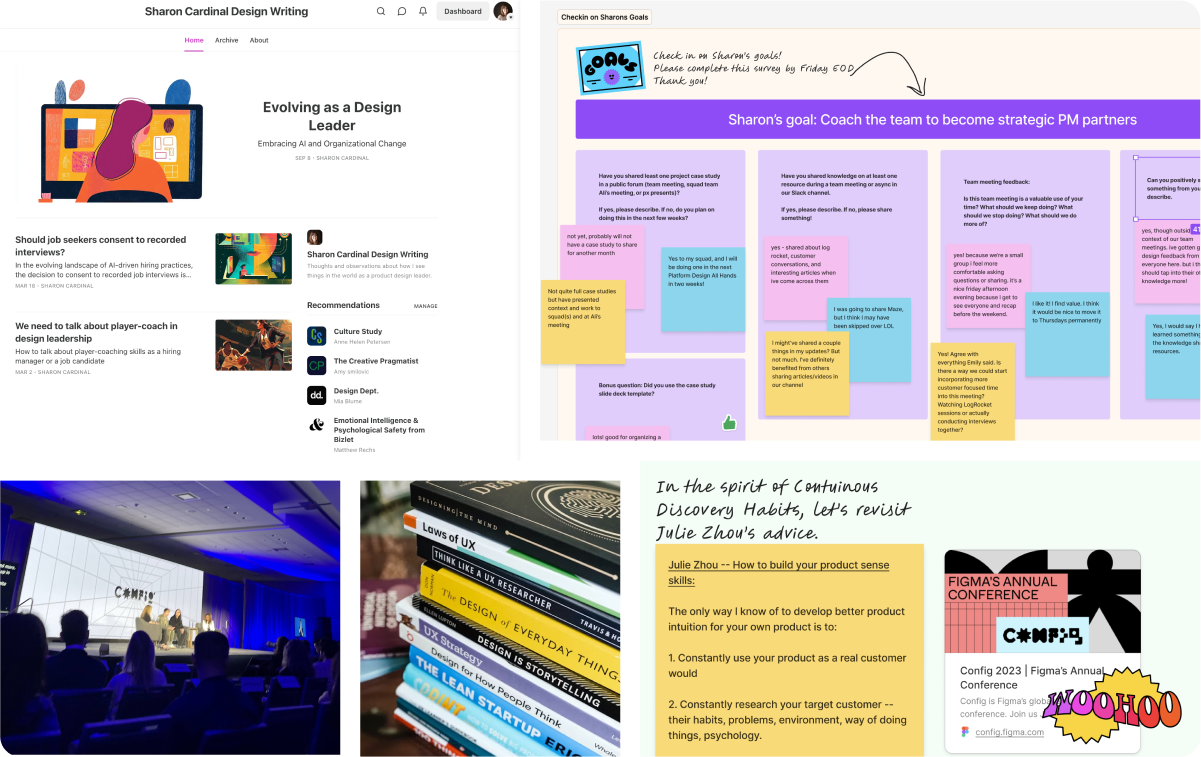 Image collage showing Sharon’s Substack, Config talk, screenshots of team meeting template